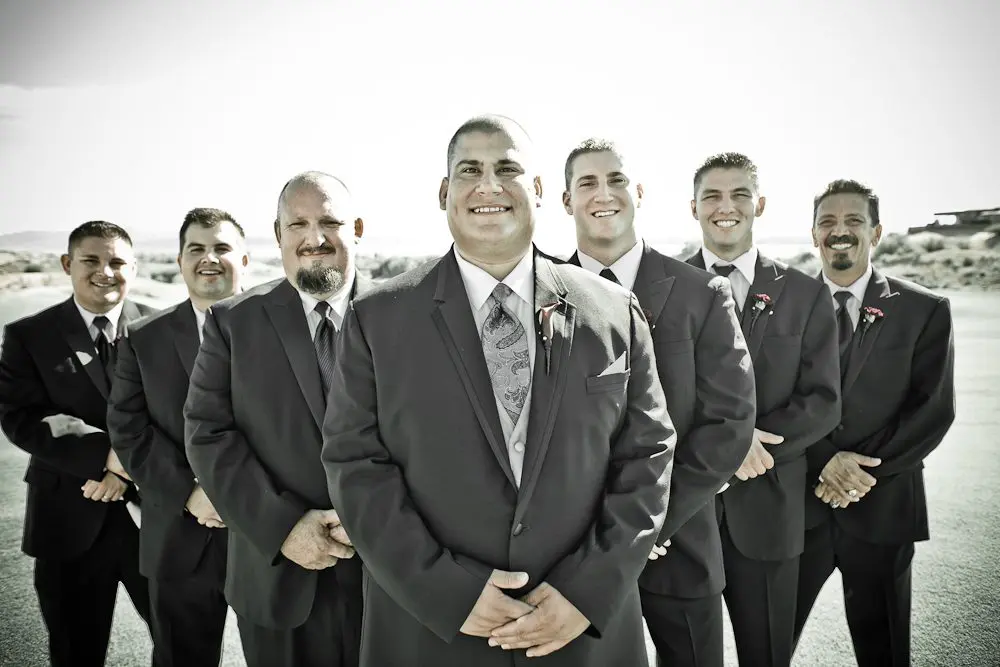 a flying v shot of the groom and groomsmen
