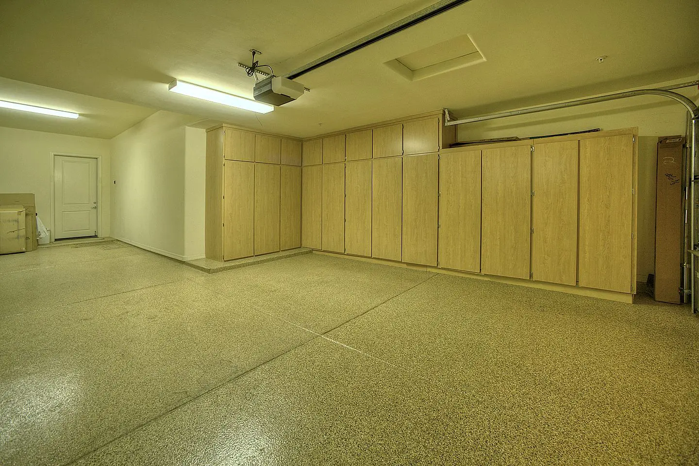 garage with cabinets