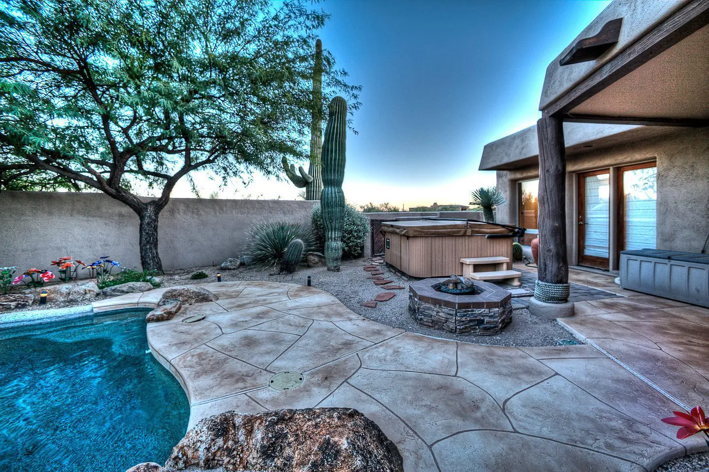 hot tub and fireplace