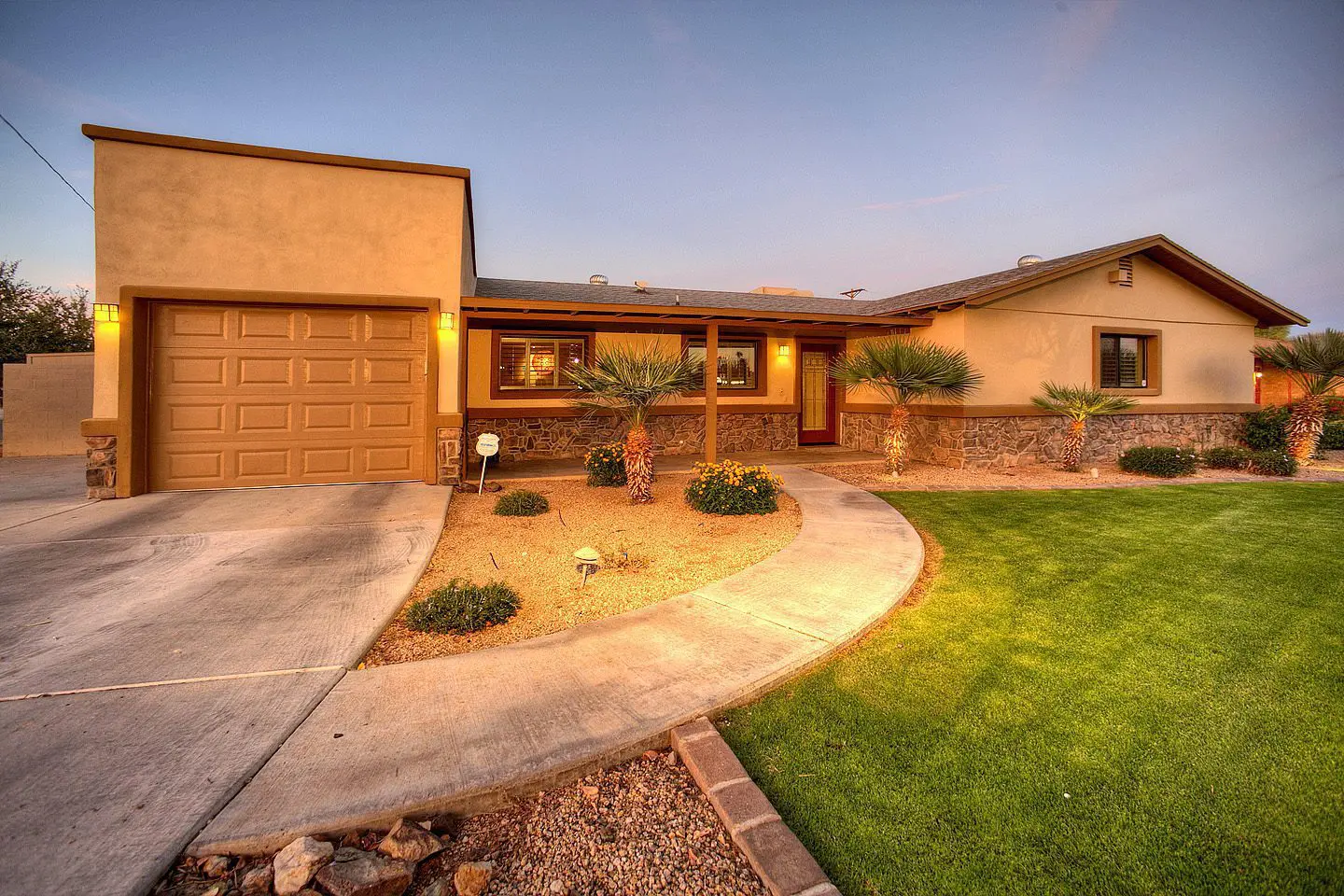 Front of house at sunset