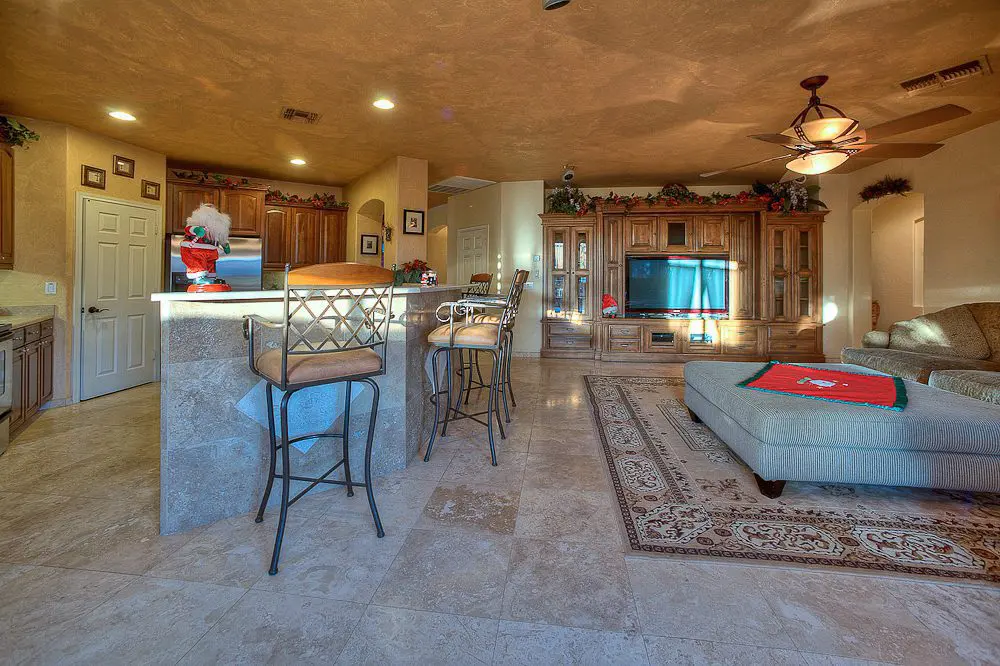 kitchen with island and stools