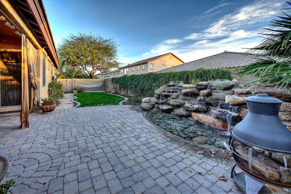 waterfall and backyard view