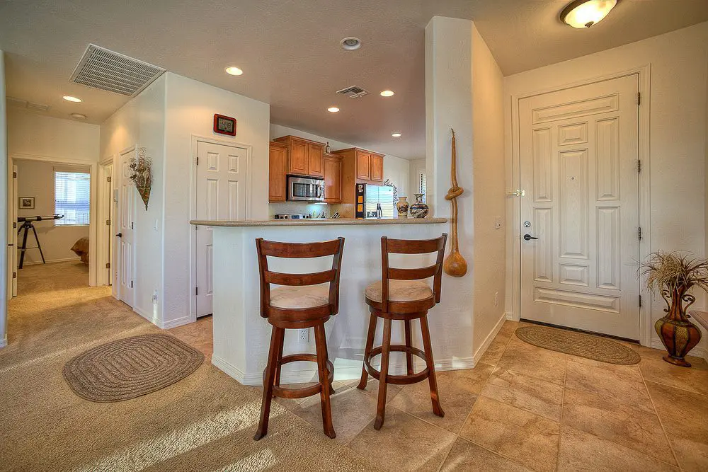 the front door and breakfast bar