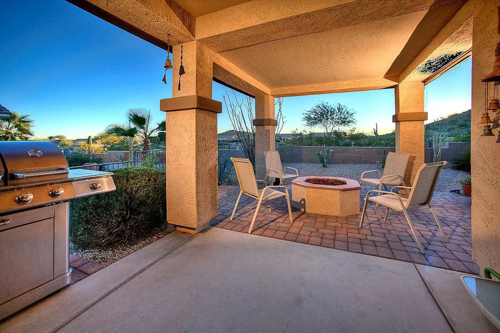 twilight shot of the back patio