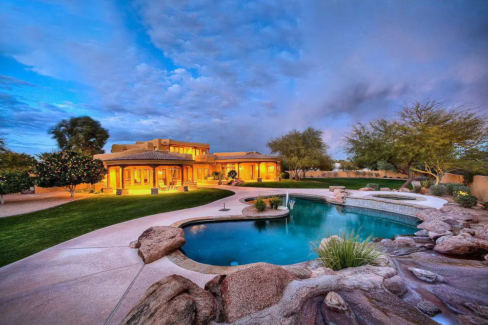 from the pool, looking towards the house at dusk