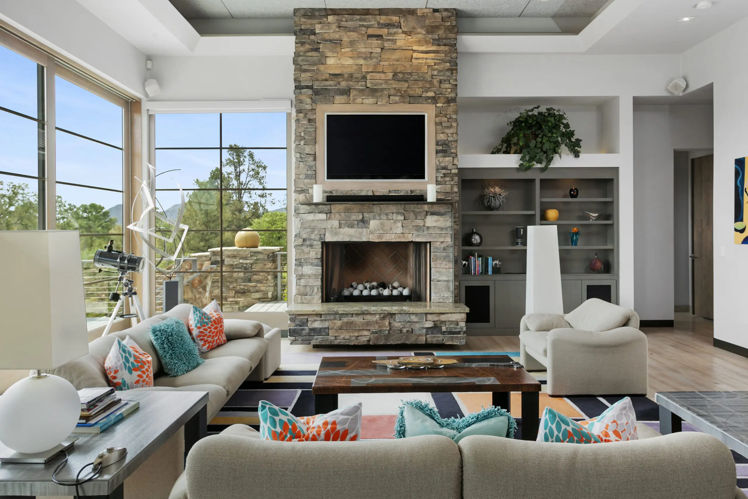 Stone fireplace detail in Payson Arizona luxury real estate home