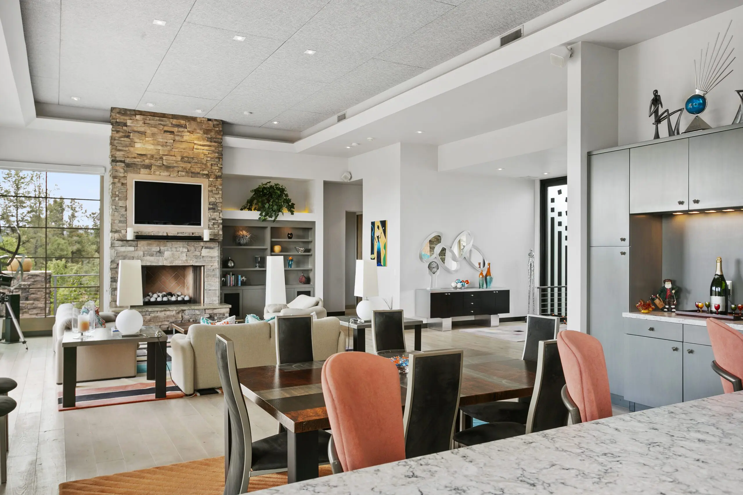 Kitchen island view to living room in Chaparral Pines luxury home