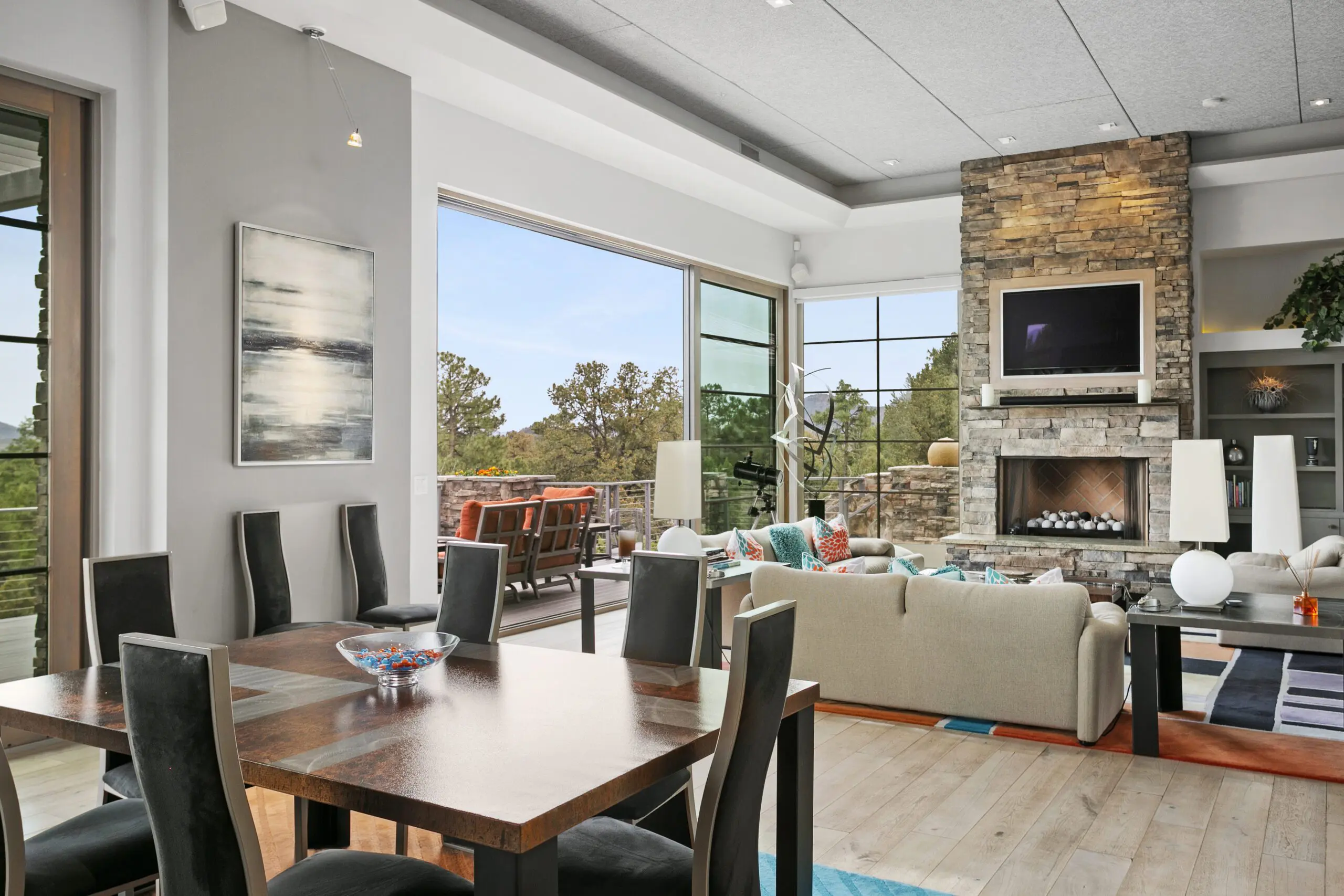 Living room view of pine forest in Chaparral Pines Payson luxury home