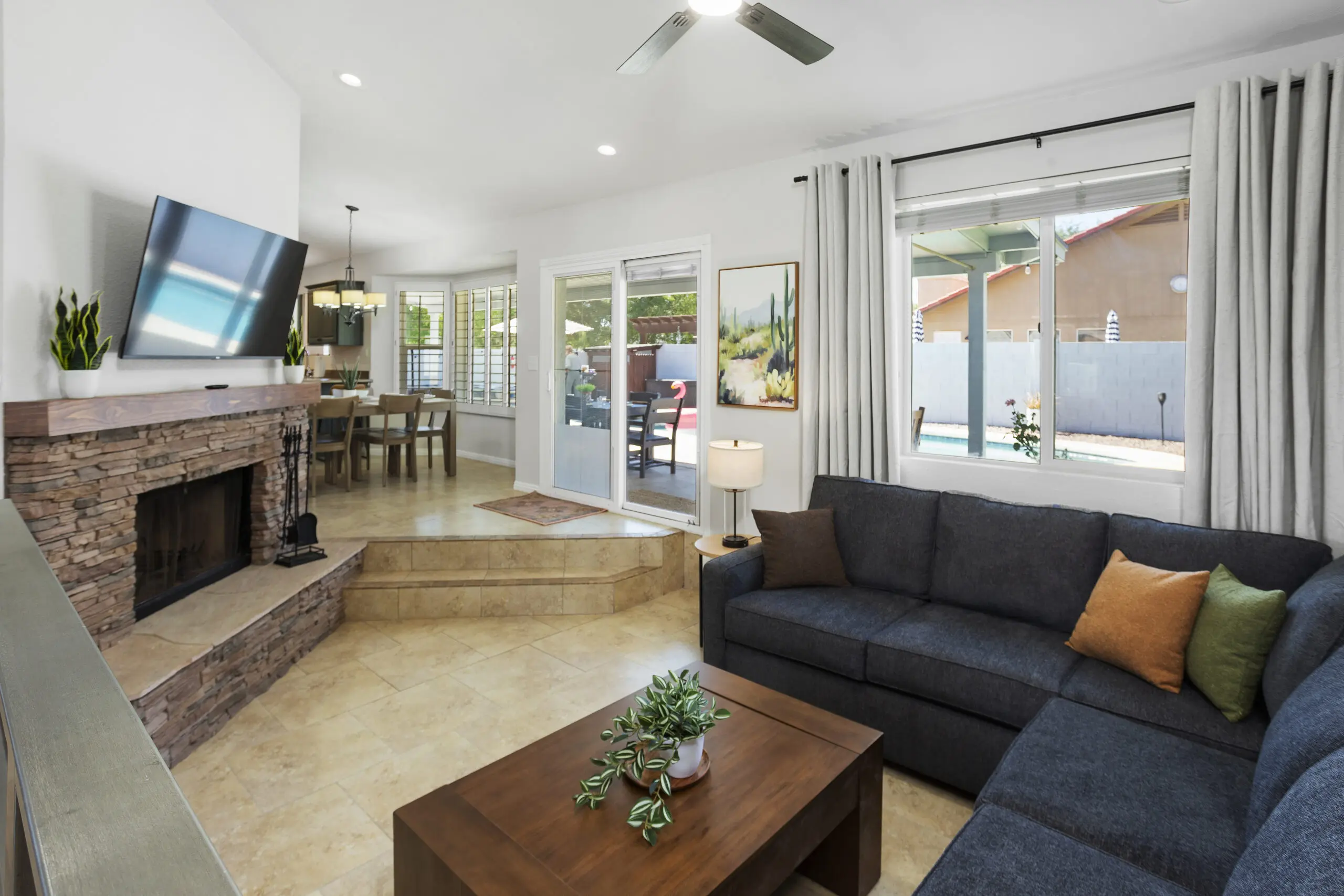 Resort-style pool with floats at the Gilbert Arizona short-term rental backyard