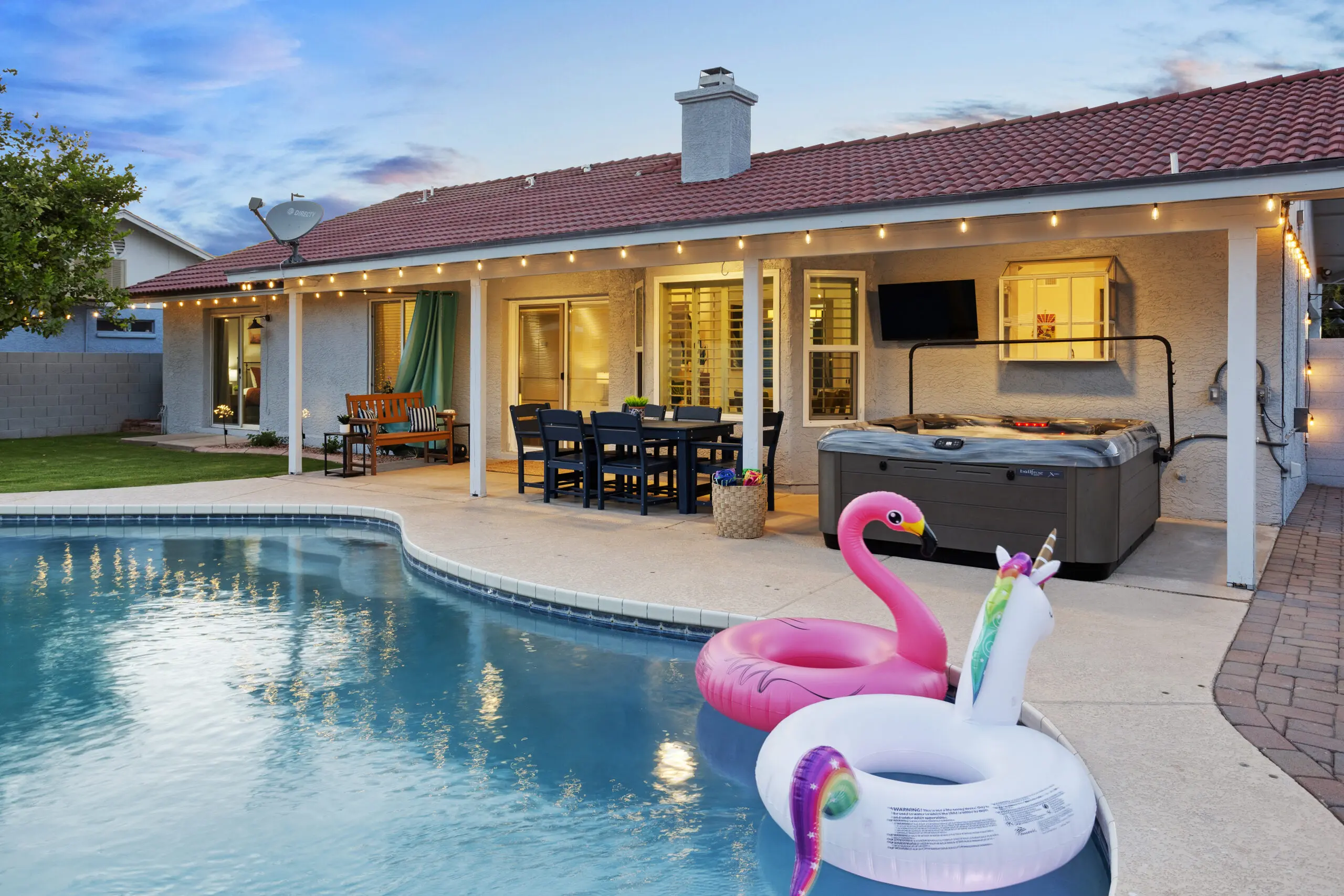 Outdoor lounge and fire feature at the Gilbert Arizona short-term rental