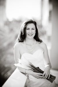 bride smiling in black and white