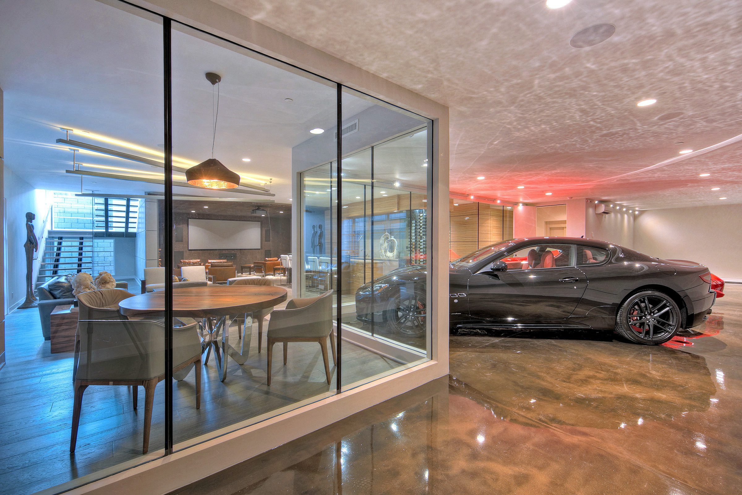 basement bar with view of cars